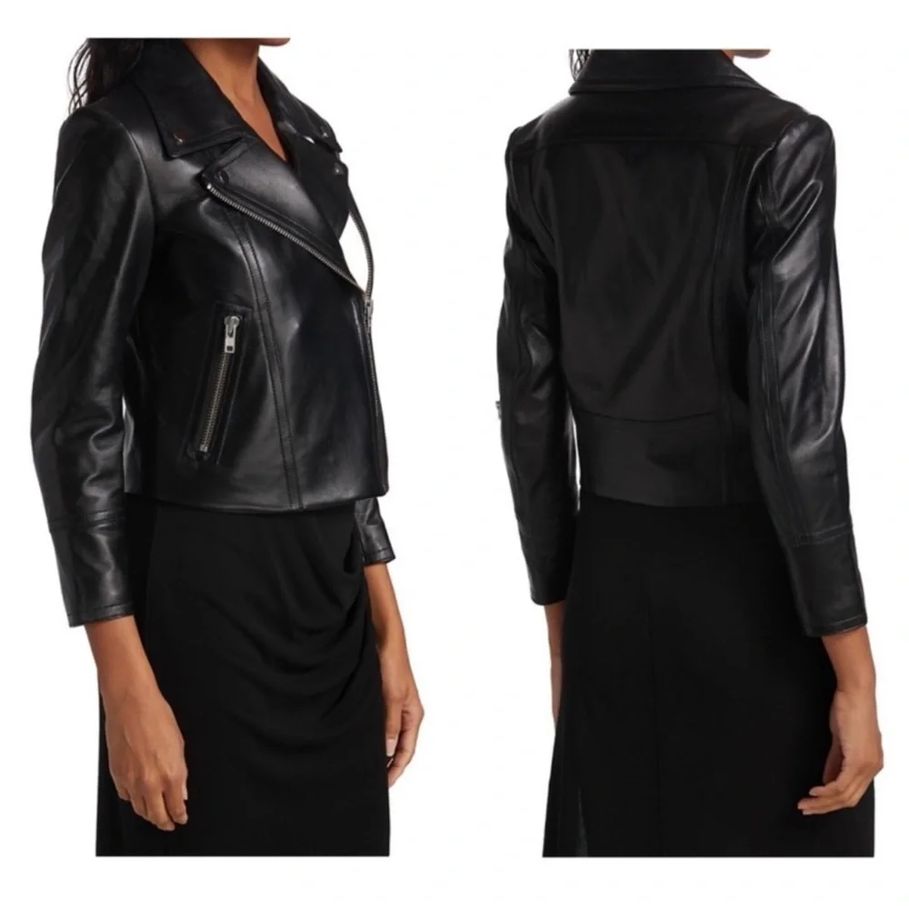 New! YIGAL AZROUEL Paneled Color Block Leather Moto Jacket in Black and White - Picture 8 of 13